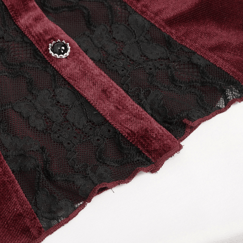 Close-up of a gothic style wine red velvet blouse with lace detailing and a decorative button for women.