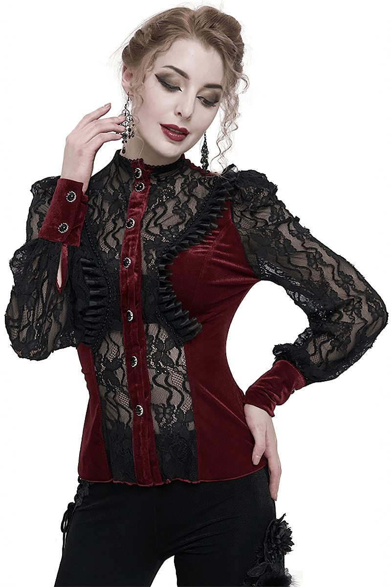 Elegant gothic wine red velvet blouse with lace puff sleeves and stand collar for women.