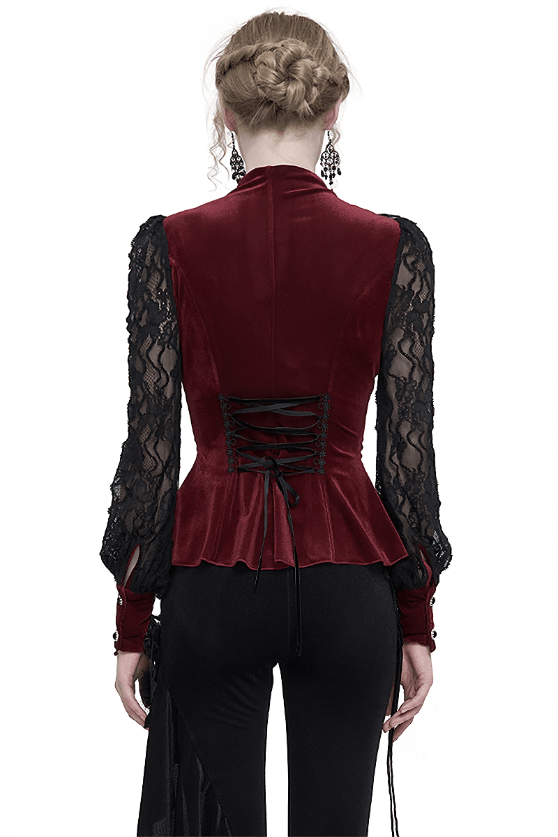 Elegant wine red velvet blouse with lace long sleeves and stand collar, back view, perfect for gothic fashion.