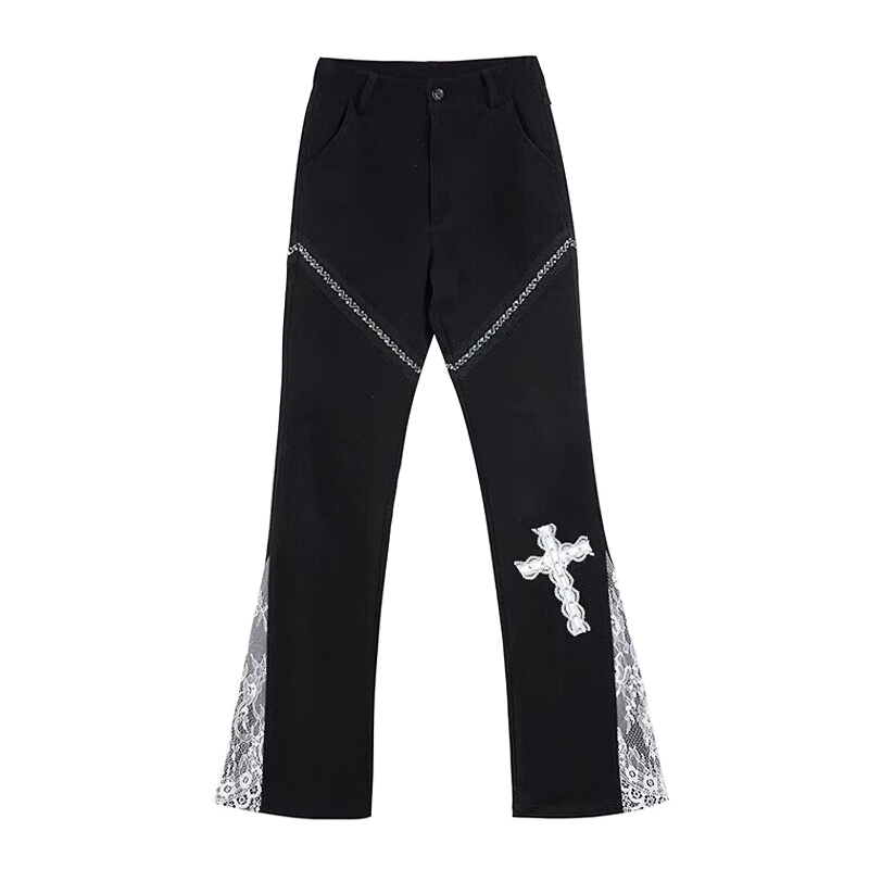 Gothic Lace Pants For Women / Flare Clothing With Cross Embroidery And High Waist - HARD'N'HEAVY