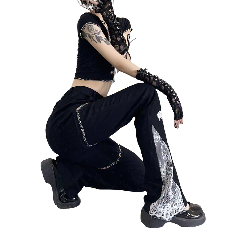Gothic Lace Pants For Women / Flare Clothing With Cross Embroidery And High Waist - HARD'N'HEAVY
