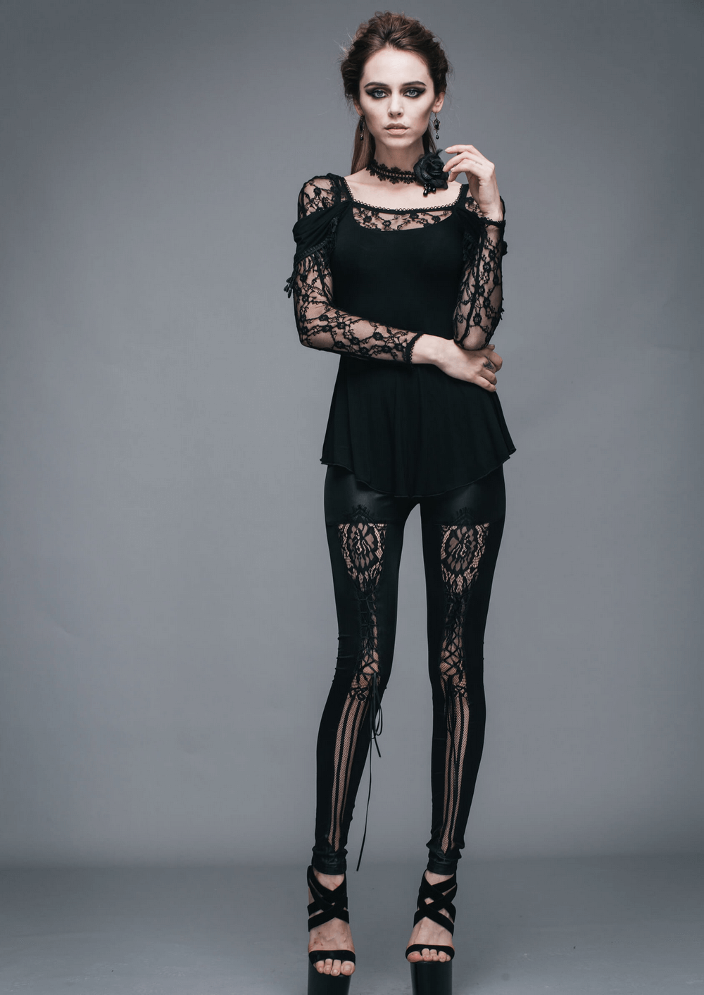 Gothic Lace Splicing Female Top / Sexy Steampunk Hollow Out Deep V-Neck Tops - HARD'N'HEAVY