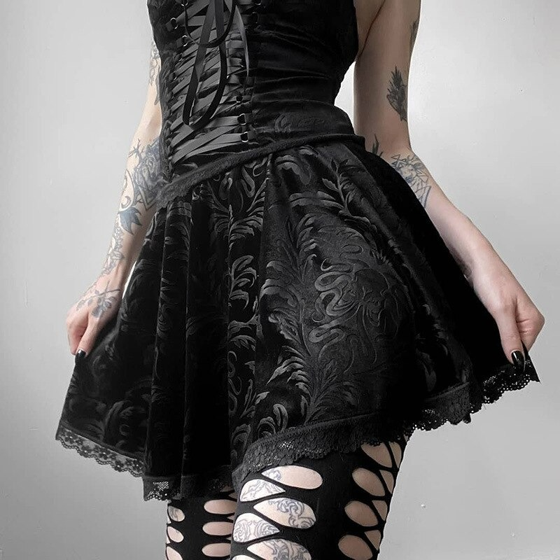 Gothic Black Mini Skirt With Flare Pants For Women