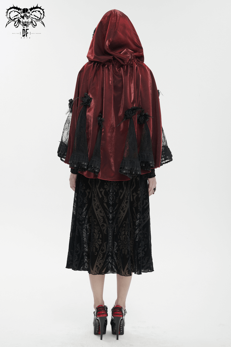 Gothic Lace Trim Cape with Flowers and Feather / Women's Wine Red Short Cape with Hood