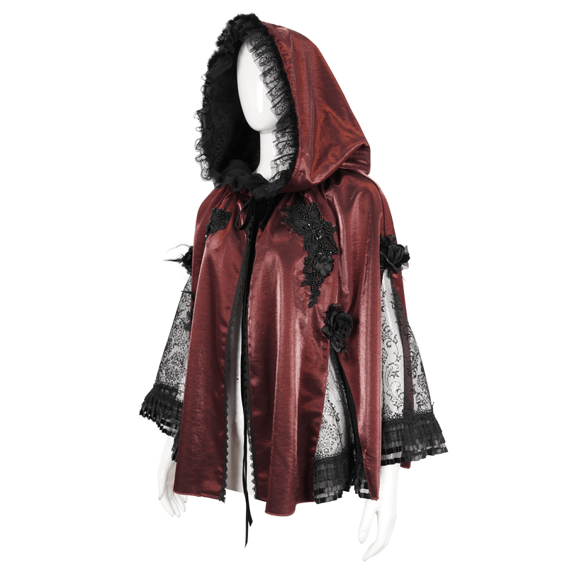 Gothic Lace Trim Cape with Flowers and Feather / Women's Wine Red Short Cape with Hood