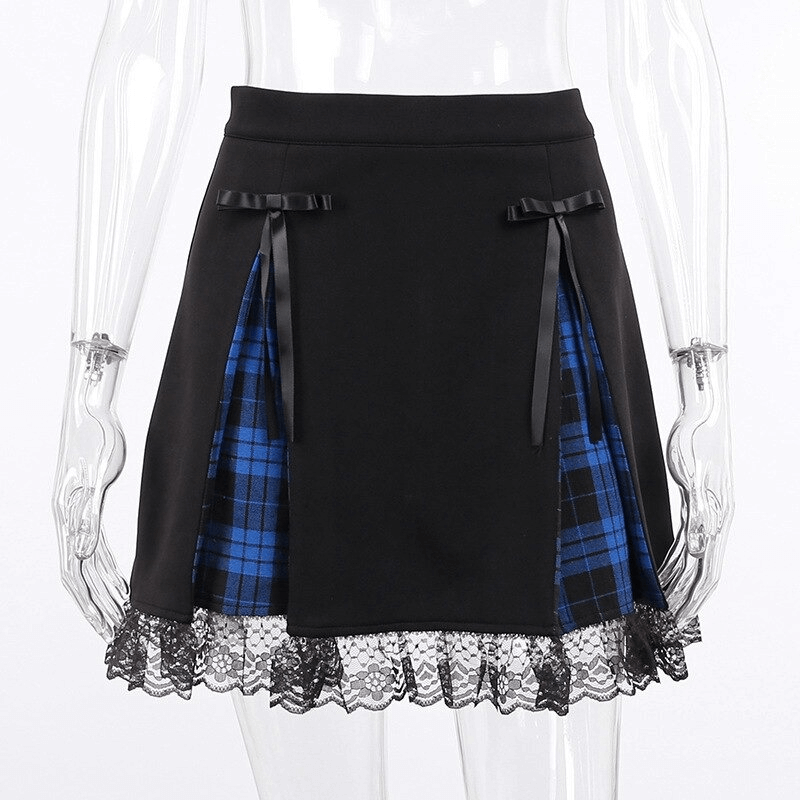 Gothic Lace Trim Mini Skirts / Punk High Waist Plaid Skirts / Female Fashion Clothes