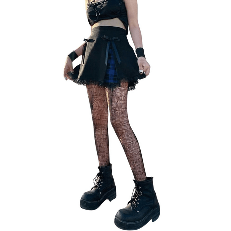 Gothic Lace Trim Mini Skirts / Punk High Waist Plaid Skirts / Female Fashion Clothes