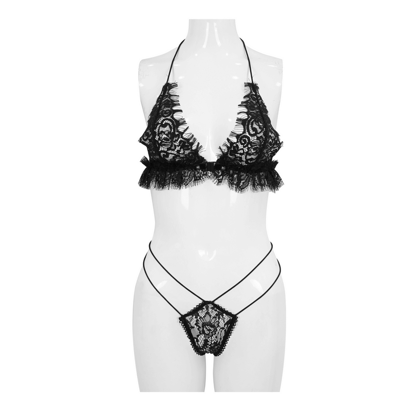 Gothic lace two-piece erotic lingerie set in black showcasing ruffled details and elegant design.