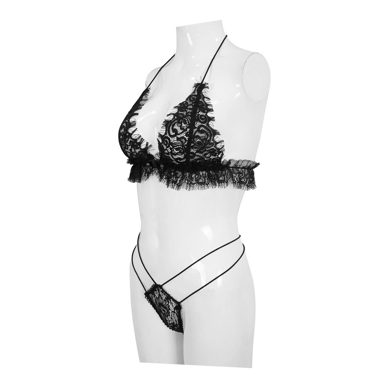 Elegant black gothic lace two-piece lingerie set featuring a frilled bralette and stylish thong.