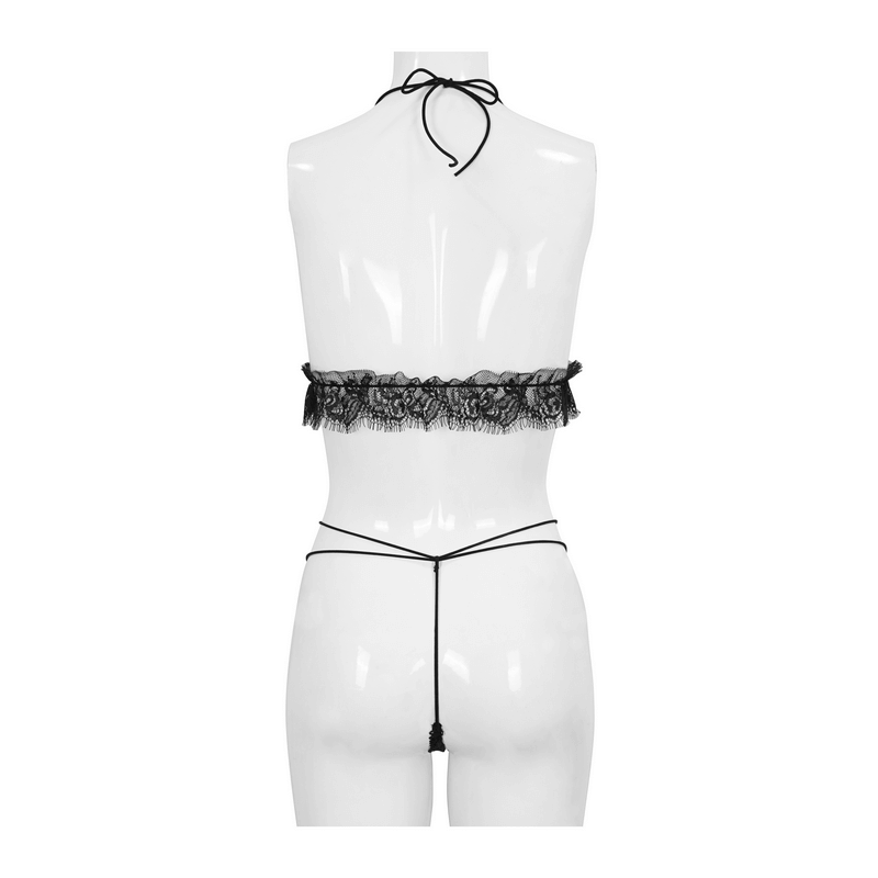 Back view of Gothic lace two-piece black lingerie set showcasing elegant detailing and flattering fit.