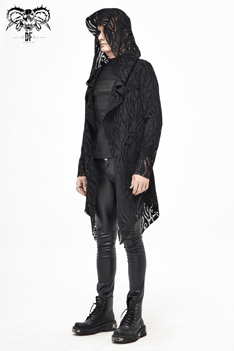 Gothic Lace-up Black Crochet Coat with Hood / Long Trench Coat For Men - HARD'N'HEAVY
