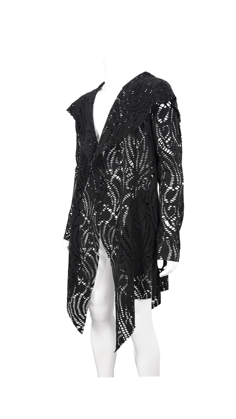 Gothic Lace-up Black Crochet Coat with Hood / Long Trench Coat For Men - HARD'N'HEAVY
