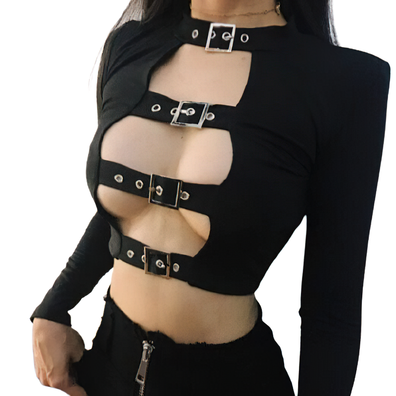 Gothic Ladies Long Sleeve Bodycon Top / Sexy Black Crop Top for You - HARD'N'HEAVY