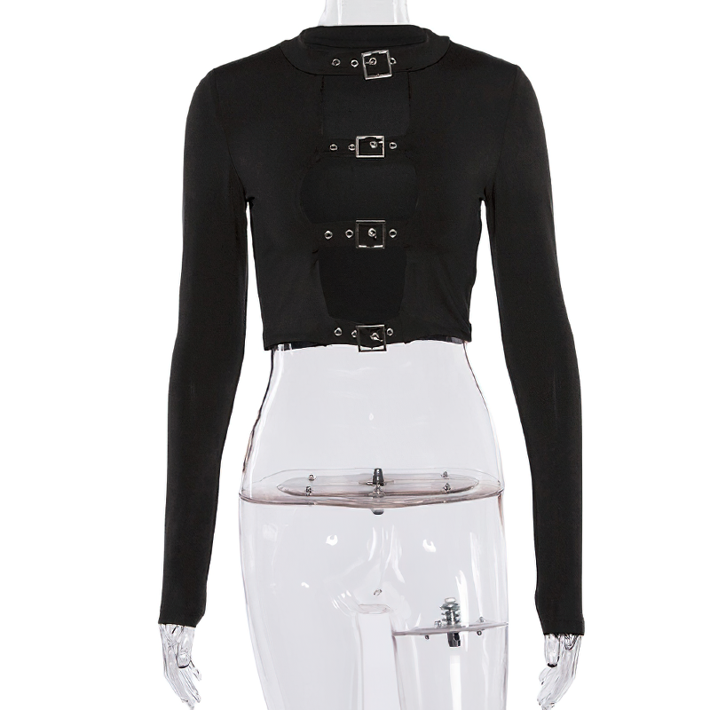 Gothic Ladies Long Sleeve Bodycon Top / Sexy Black Crop Top for You - HARD'N'HEAVY
