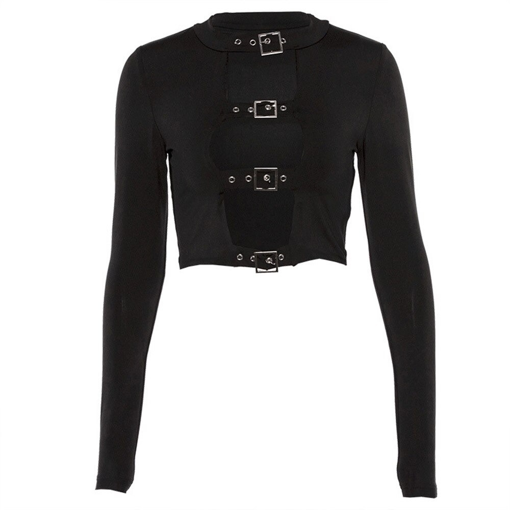 Gothic Ladies Long Sleeve Bodycon Top / Sexy Black Crop Top for You - HARD'N'HEAVY