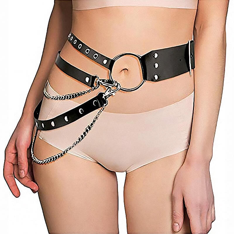Gothic women's leather waist belt with chain strap and metal ring, perfect for alternative fashion outfits.