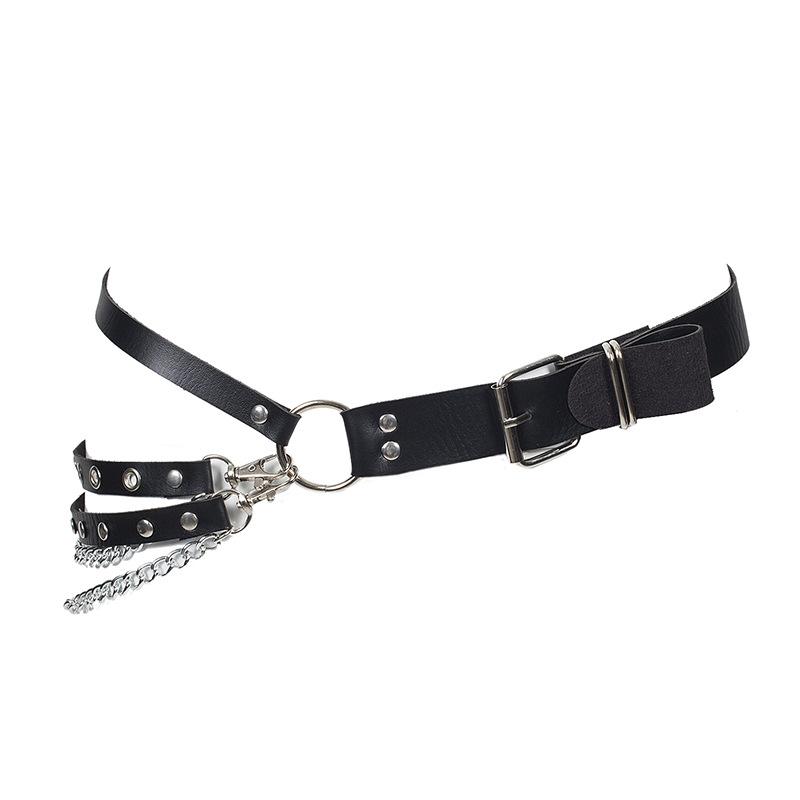 Gothic leather waist belt with chain strap and metal ring, perfect for alternative fashion outfits.