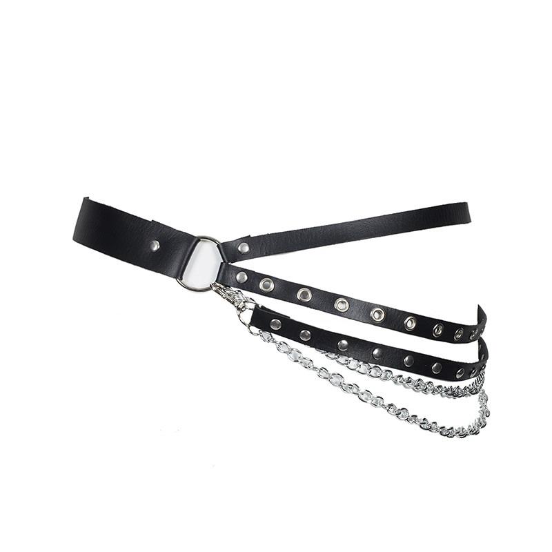 Gothic leather waist belt with chains and rivets, perfect accessory for alternative fashion and rock outfits.