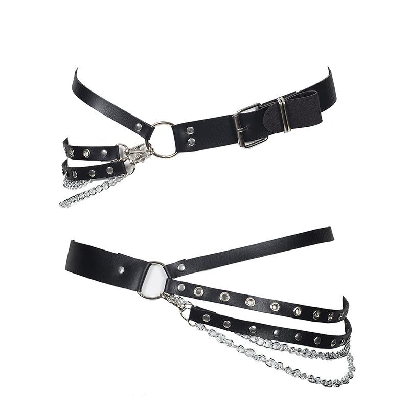 Gothic leather waist belt with chain strap and metal ring, stylish accessory for alternative fashion outfits.
