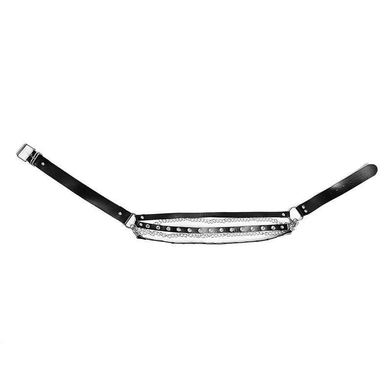 Gothic leather waist belt with chain strap, rivets, and adjustable fit, perfect for alternative fashion outfits.
