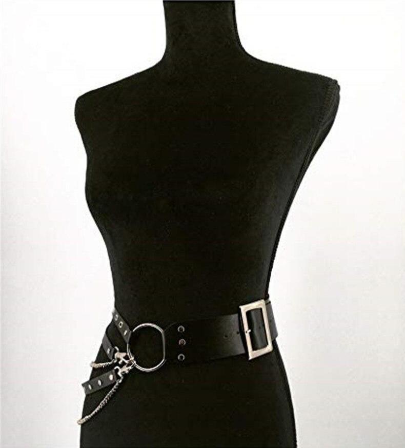 Gothic leather waist belt with chain strap and metal ring, perfect for alternative fashion outfits.