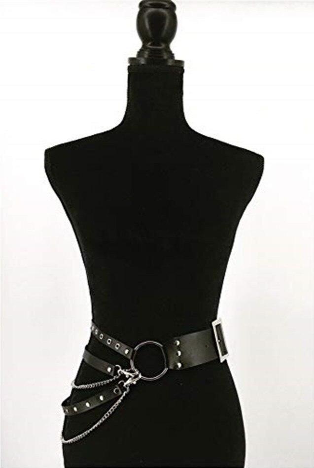 Gothic leather waist belt with chains and metal ring, perfect for alternative fashion outfits