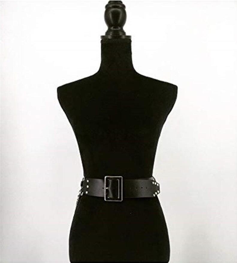 Gothic leather waist belt with chain strap and metal ring displayed on a dress form, perfect for alternative fashion.