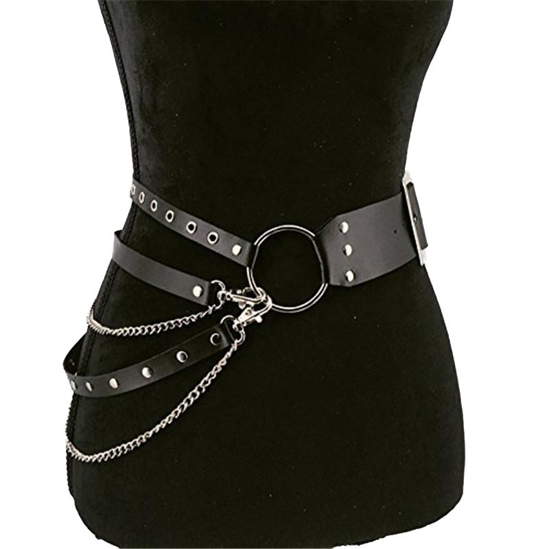 Gothic leather waist belt with chain strap and metal ring, perfect for alternative fashion styles.