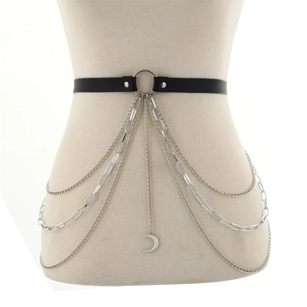 Gothic leather belt with silver chains and moon pendant, perfect body harness accessory for edgy fashion.