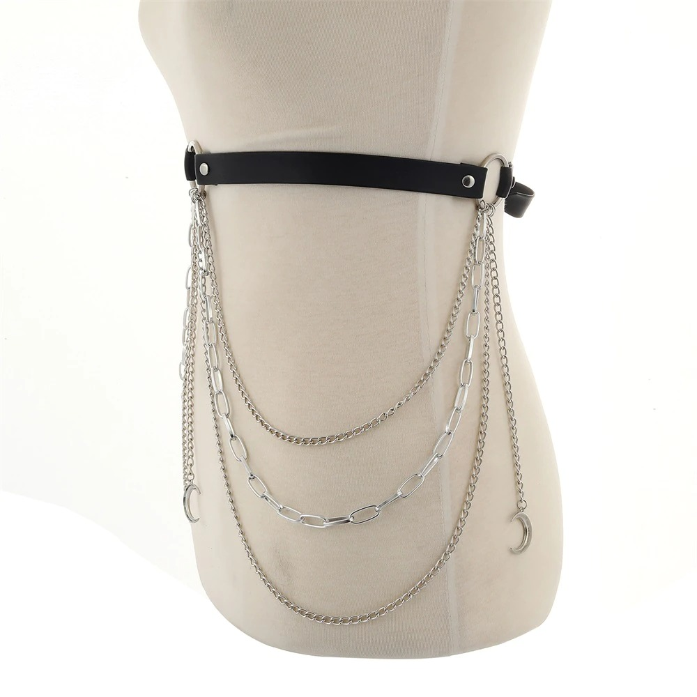 Gothic leather belt with silver chains and moon pendant, perfect for edgy body harness styling.