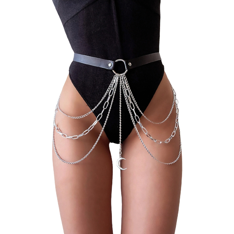 Gothic Leather Belt With Chains / Sexy Body Harness with Moon Pendant / Fashion Body Accessories - HARD'N'HEAVY