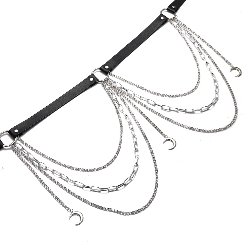 Gothic leather belt with silver chains and moon pendants, perfect for edgy fashion accessories and body harness styles.