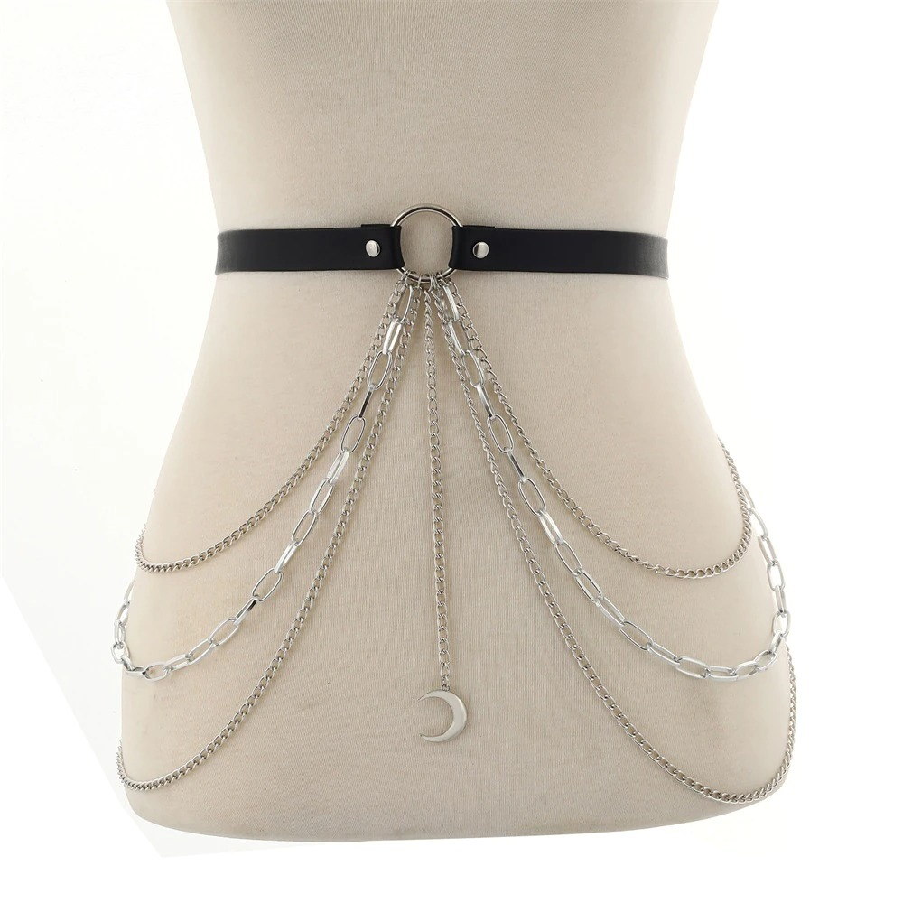 Gothic Leather Belt With Chains / Sexy Body Harness with Moon Pendant / Fashion Body Accessories - HARD'N'HEAVY
