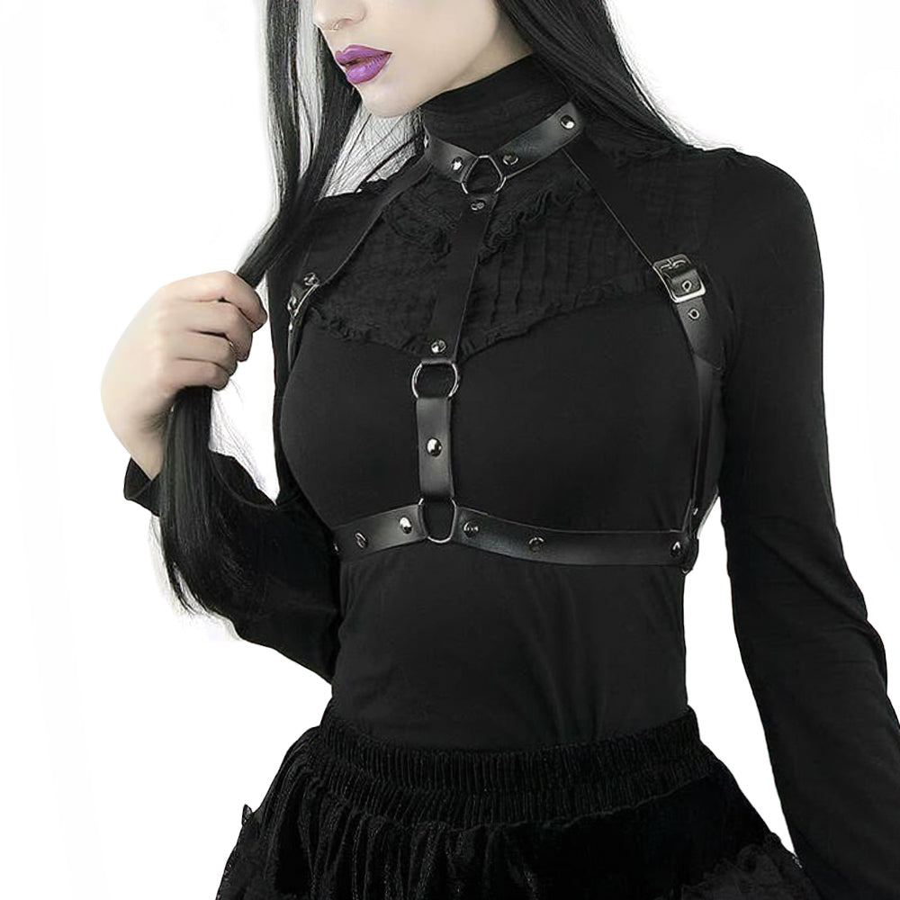 Black Leather Women's Bondage Bra / Gothic Elastic Body Harness