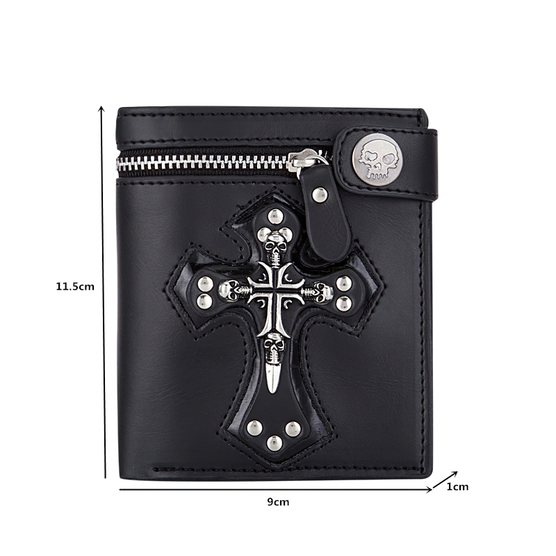Gothic Leather Wallet with Skull Cross and Rivets / Retro Mini Wallets for Coin and Card With Chain - HARD'N'HEAVY