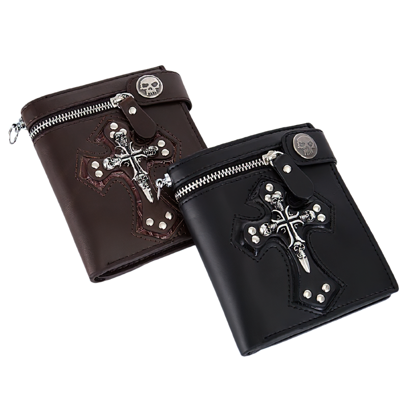 Gothic Leather Wallet with Skull Cross and Rivets / Retro Mini Wallets for Coin and Card With Chain - HARD'N'HEAVY