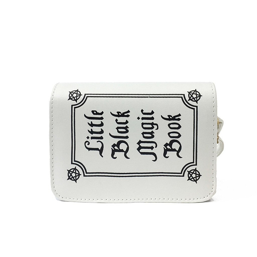 Gothic letter printing shoulder bag with 'Little Black Magic Book' design for alternative fashion lovers.