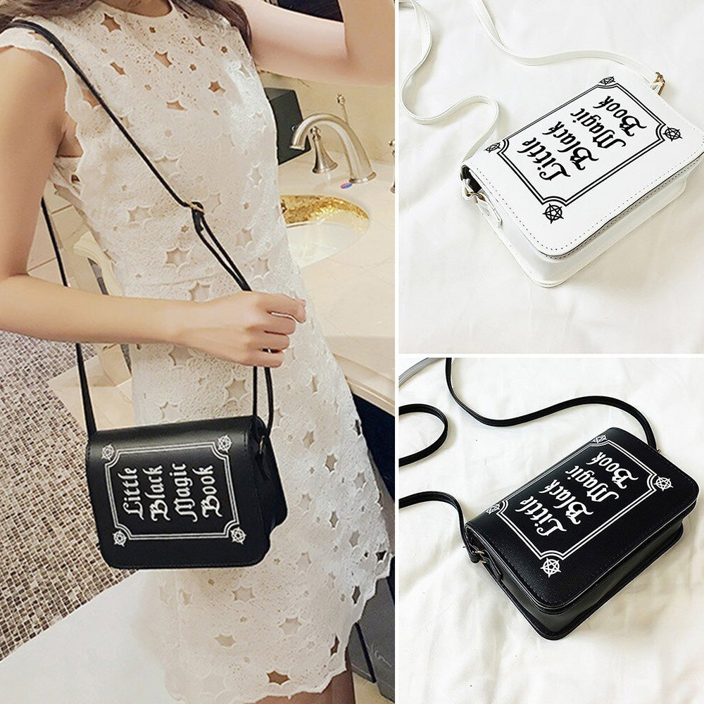 Gothic letter printing shoulder bag in black and white, perfect for alternative fashion outfits and stylish crossbody wear.
