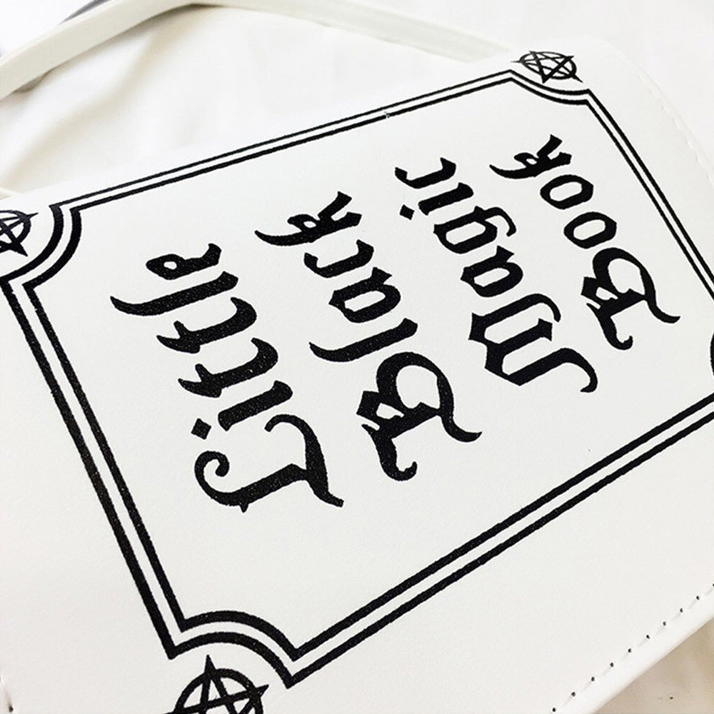 Gothic letter printed shoulder bag featuring stylish black text on a white background, perfect for alternative fashion.