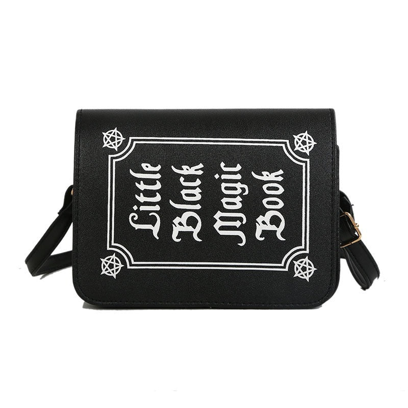 Gothic letter printing shoulder bag featuring 'Little Black Magic Book' design, perfect for alternative fashion lovers.