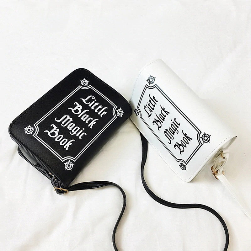 Gothic letter printing shoulder bag set in black and white with 'Little Black Magic Book' design.