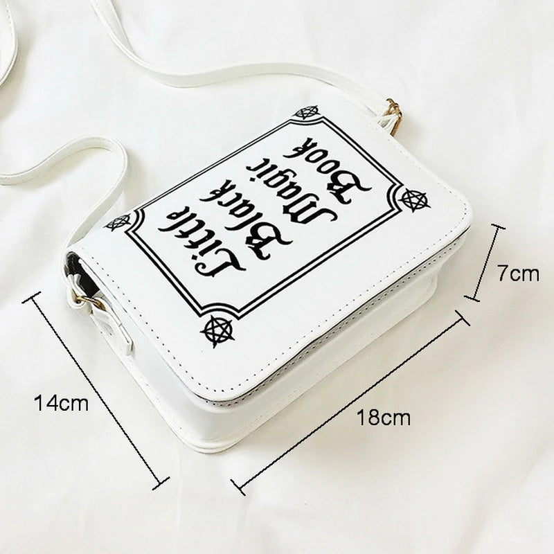 Gothic letter printing shoulder bag in white, stylish crossbody accessory with dimensions 18x14x7cm.