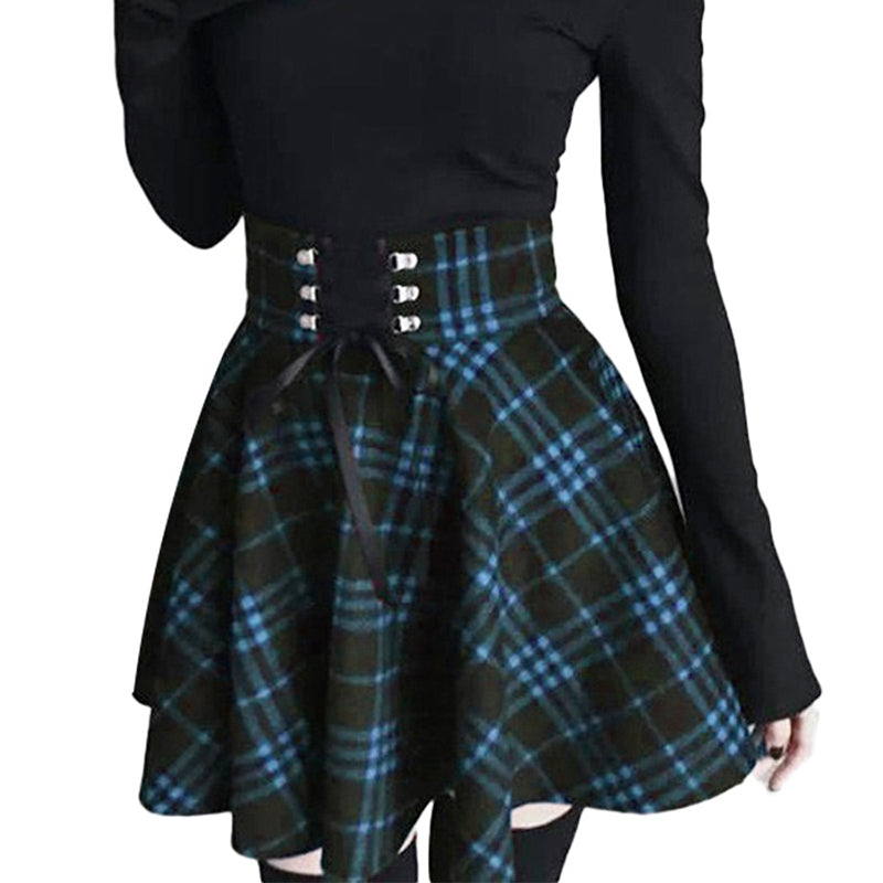Gothic Lolita Skirt for Women / Ladies Plaid Pleated Ball Gown High Waist Lace Up Wool Skirt - HARD'N'HEAVY