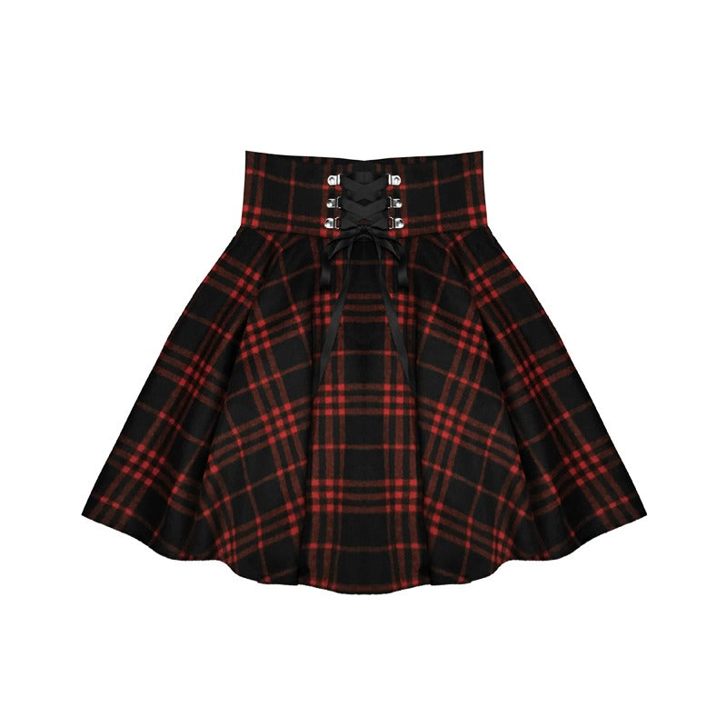 Gothic Lolita plaid pleated skirt for women, high waist design in black and red, perfect for rock and goth outfits.