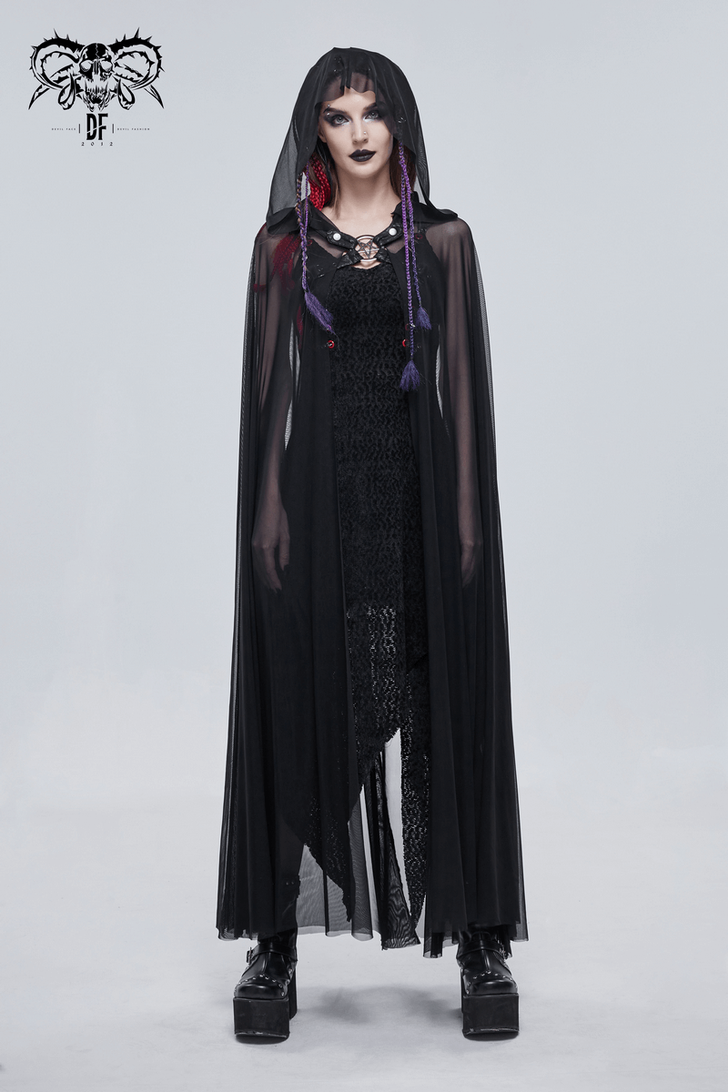 Gothic Long Cloak with Hood / Elegant Women's Buckles Sheer Cape / Black Cloak with Pentagram - HARD'N'HEAVY