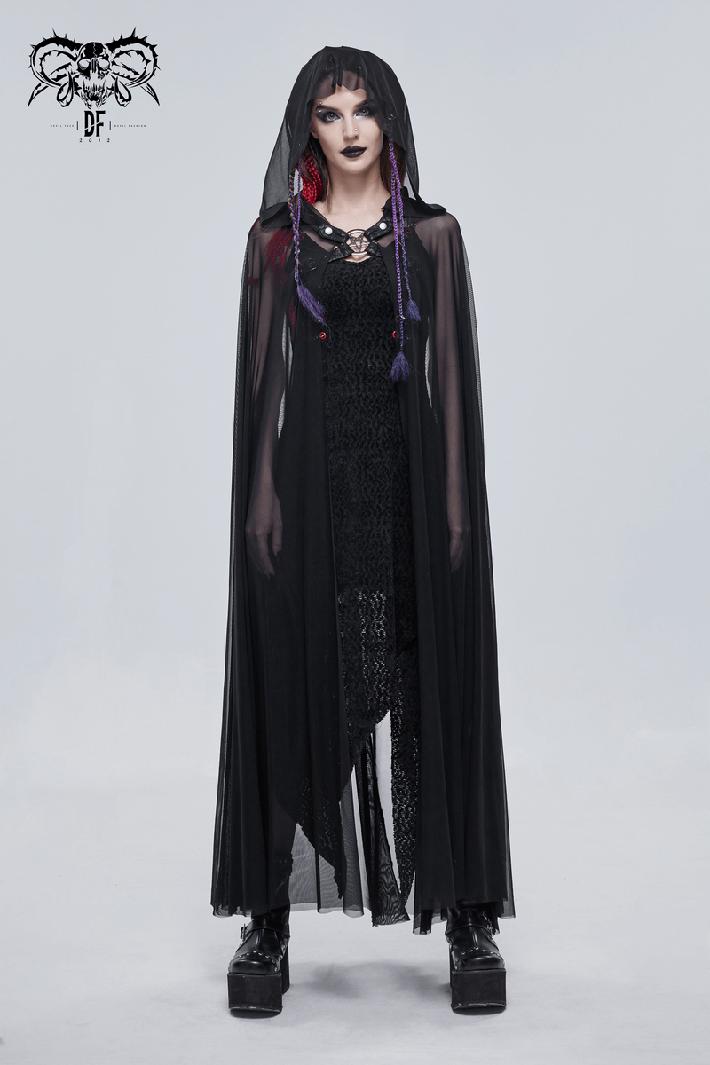 Gothic long black cloak with hood and sheer fabric, stylish pentagram accent for women's wardrobe.