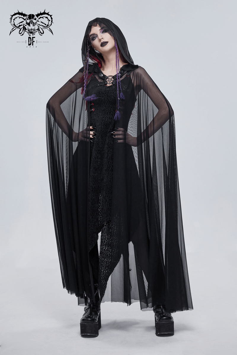 Elegant gothic woman in a sheer black cloak with hood, showcasing a pentagram accent and stylish platform boots.
