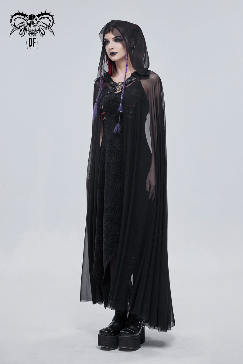 Gothic long black cloak with hood, sheer fabric, and stylish black dress, perfect for a vintage goth wardrobe.