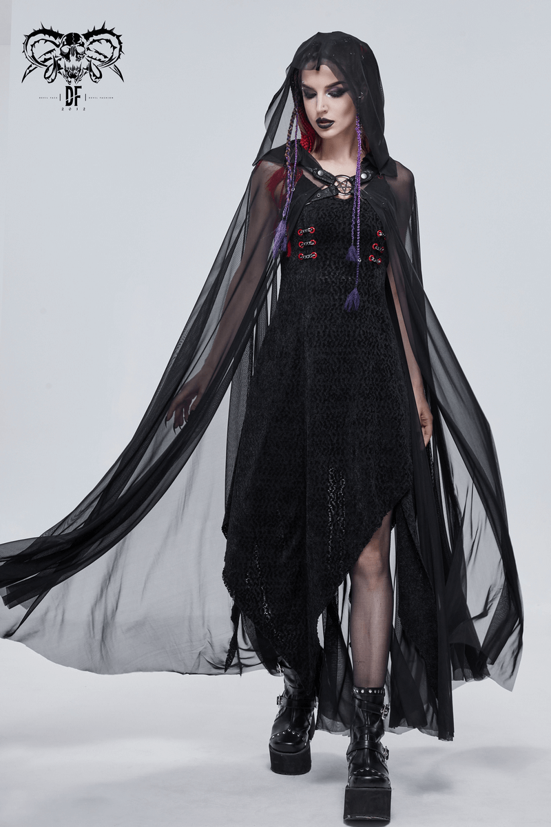 Gothic long black cloak with hood and sheer cape, featuring elegant buckles and stylish pentagram accents.