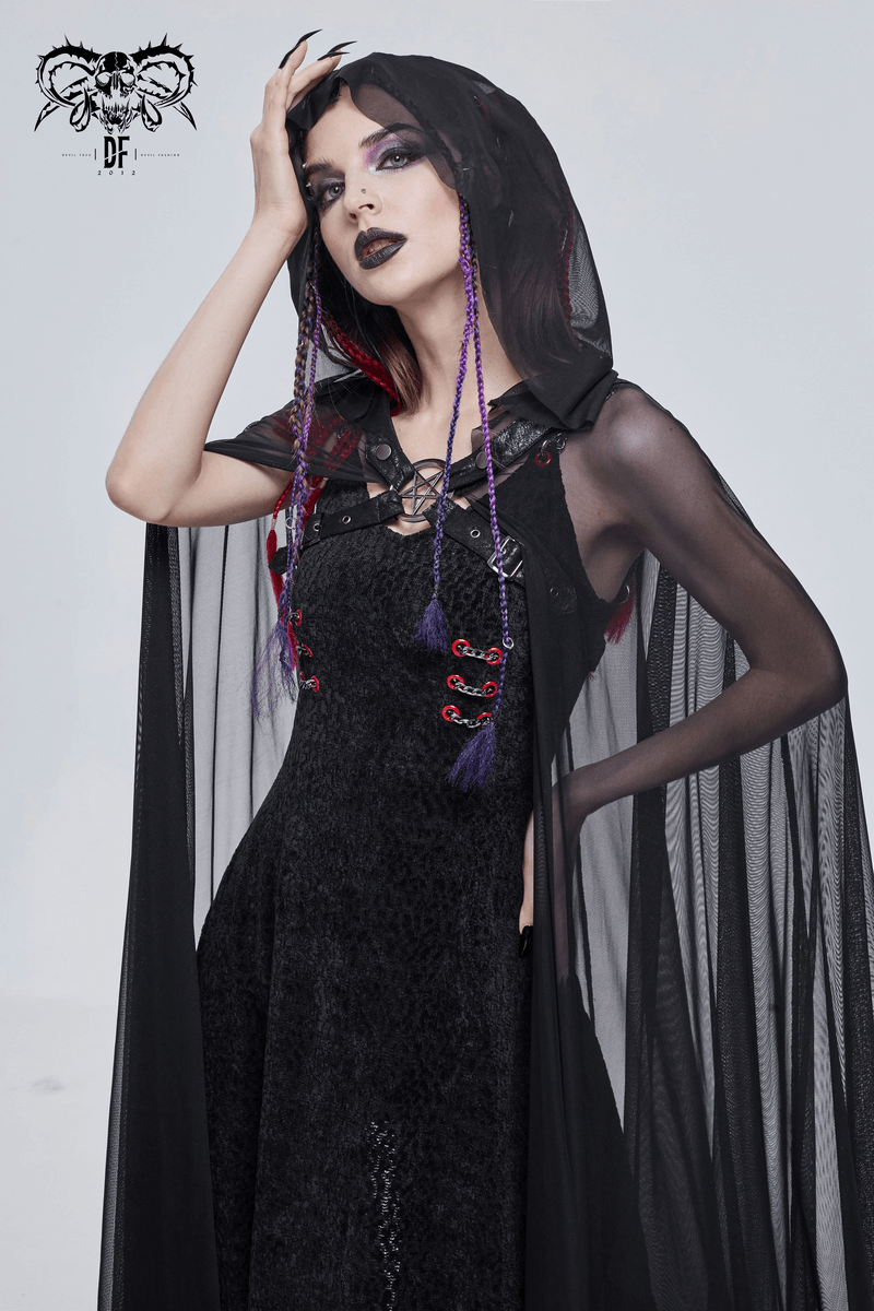 Gothic long cloak with hood and buckles, model showcasing elegant sheer black design with pentagram accents.